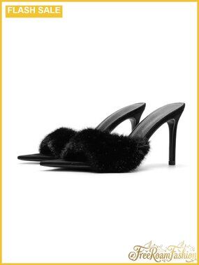 Fuzzy Pointed Open-Toe Stiletto Slide Heeled Mules Bridal Party Dress Sandals